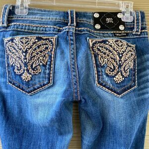 Miss Me Embroidered Distressed Faded Boot Cut Stretch Denim Jeans Size 27